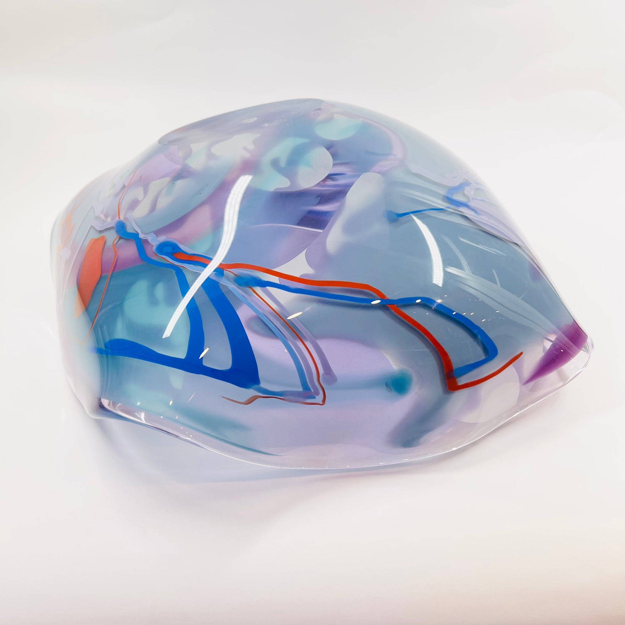 1980s HAND MADE HARLEQUIN CAMEO PURPLE BASE SPATTER ART GLASS XL BOWL BY JOHN MACPHERSON