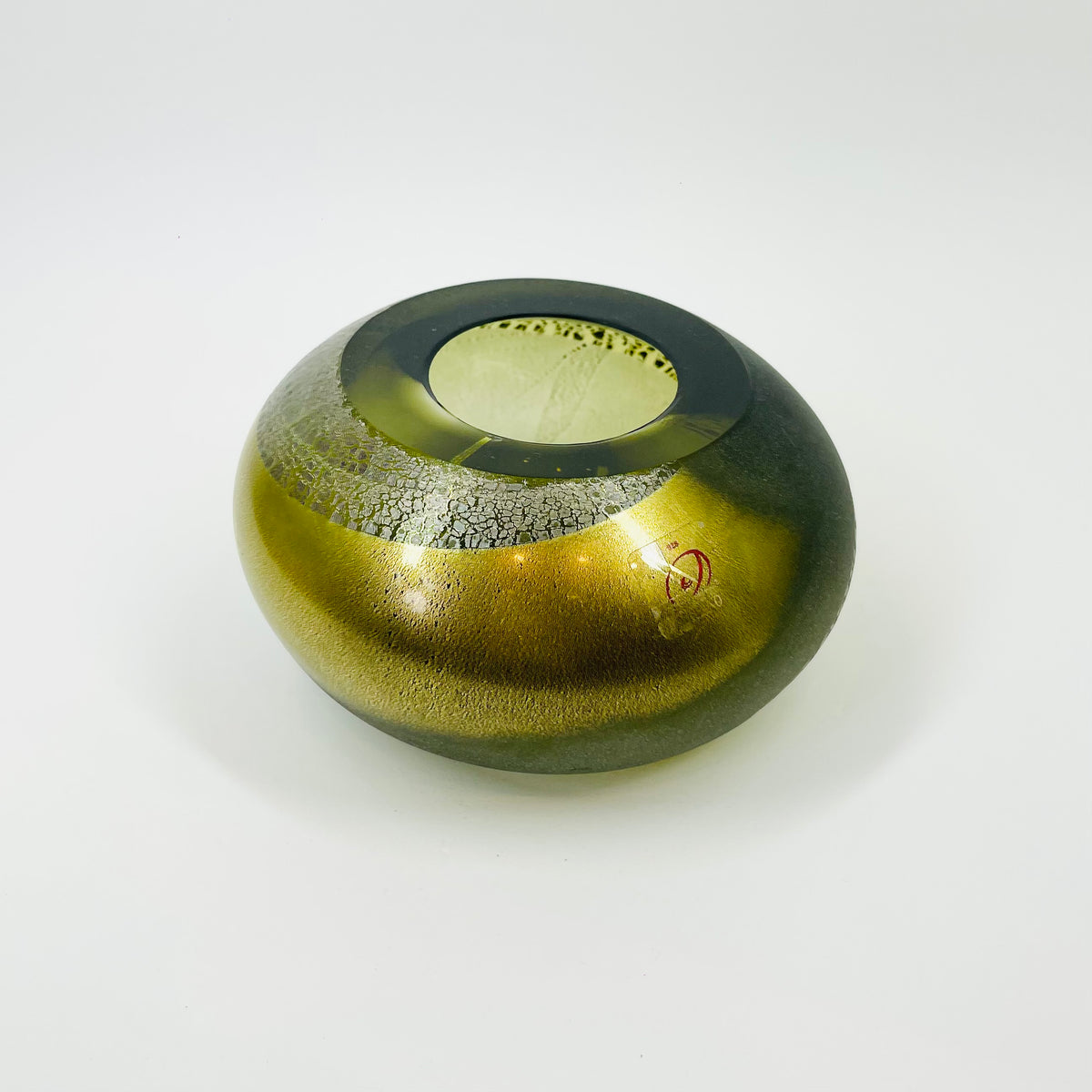 1980s MURANO GREEN SATIN GLASS SQUAT VASE WITH SILVER GOLD AVENTURINE
