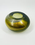 1980s MURANO GREEN SATIN GLASS SQUAT VASE WITH SILVER GOLD AVENTURINE
