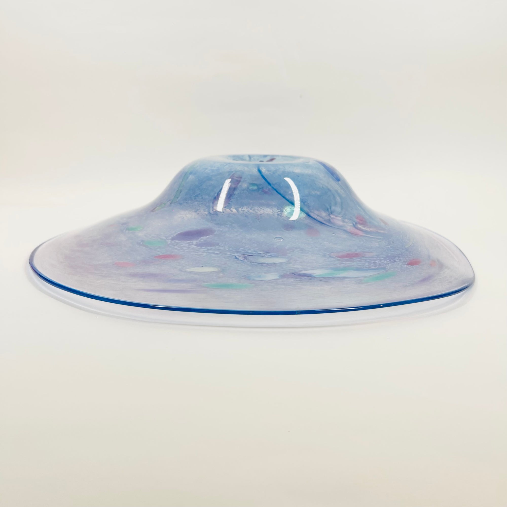 1980s MOUTH BLOWN PURPLE BLUE CONFETTI ART GLASS BOWL BY SETSUKO OGISHI