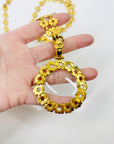 1980s CHANEL FLOWER STAR ETCHED LINKS CC LOGO MEDALLION GLASS LOUPE PENDANT NECKLACE/BELT