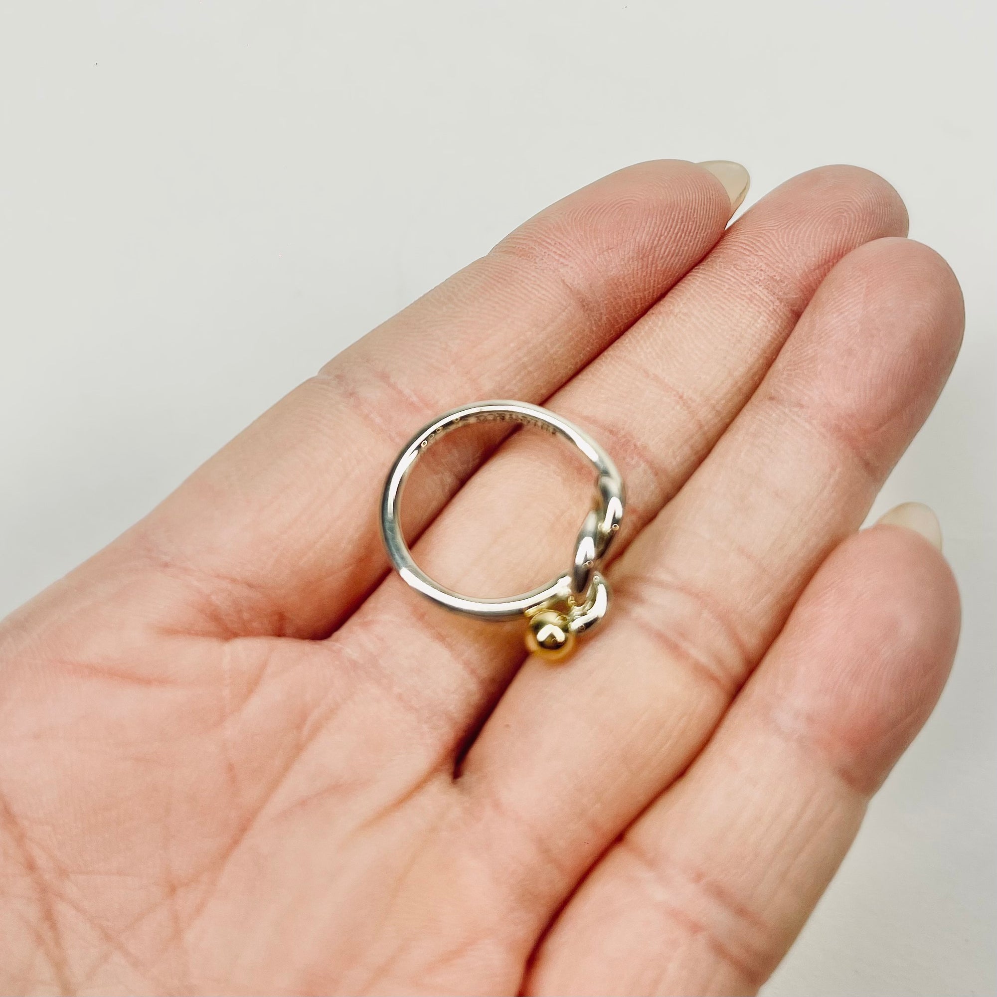1990s VINTAGE TIFFANY &amp; CO SILVER GOLD HOOK EYE LOVE KNOT CIRCLE RING