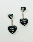 2022 LIMITED EDITION CHANEL BLACK RESIN DIAMANTE CC LOGO HEARTS DROP PIERCED EARRINGS