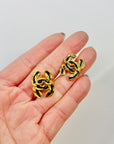 1999 CHANEL CC BRUSHED GOLD BLUE ENAMEL LOGO PIERCED EARRINGS