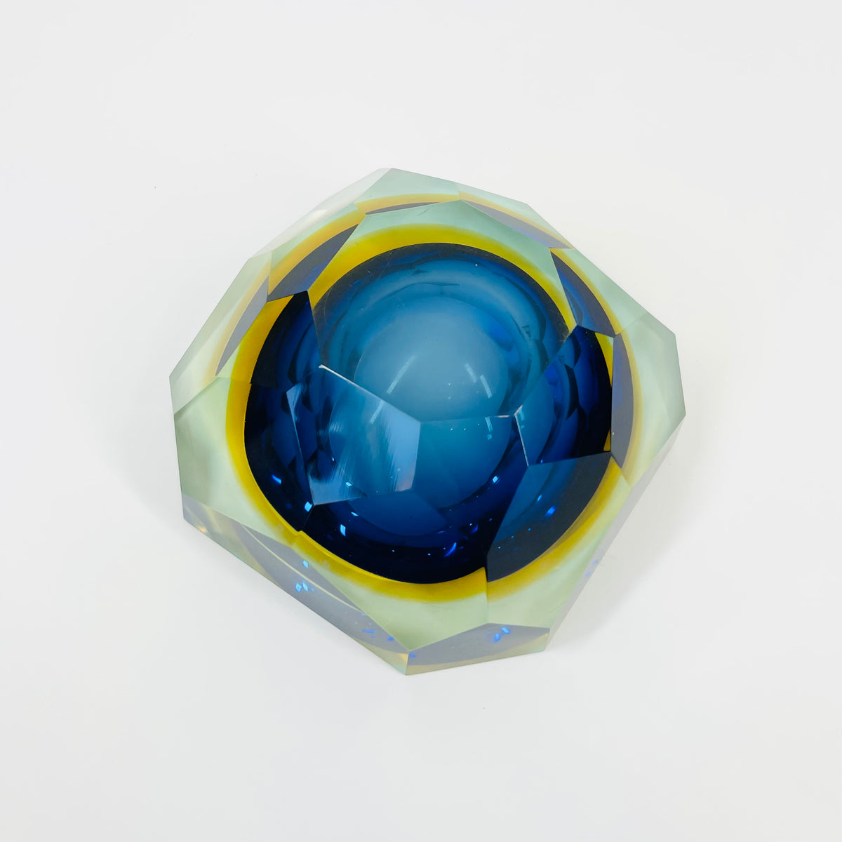 1950s MURANO MANDRUZZATO COBALT BLUE AMBER SOMMERSO DIAMOND FACETED GLASS BOWL