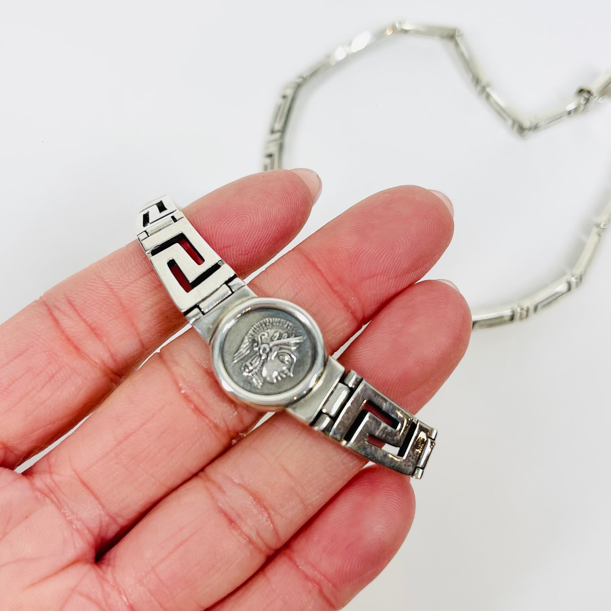 ANTIQUE STERLING SILVER GREEK KEYS ROMAN COIN NECKLACE