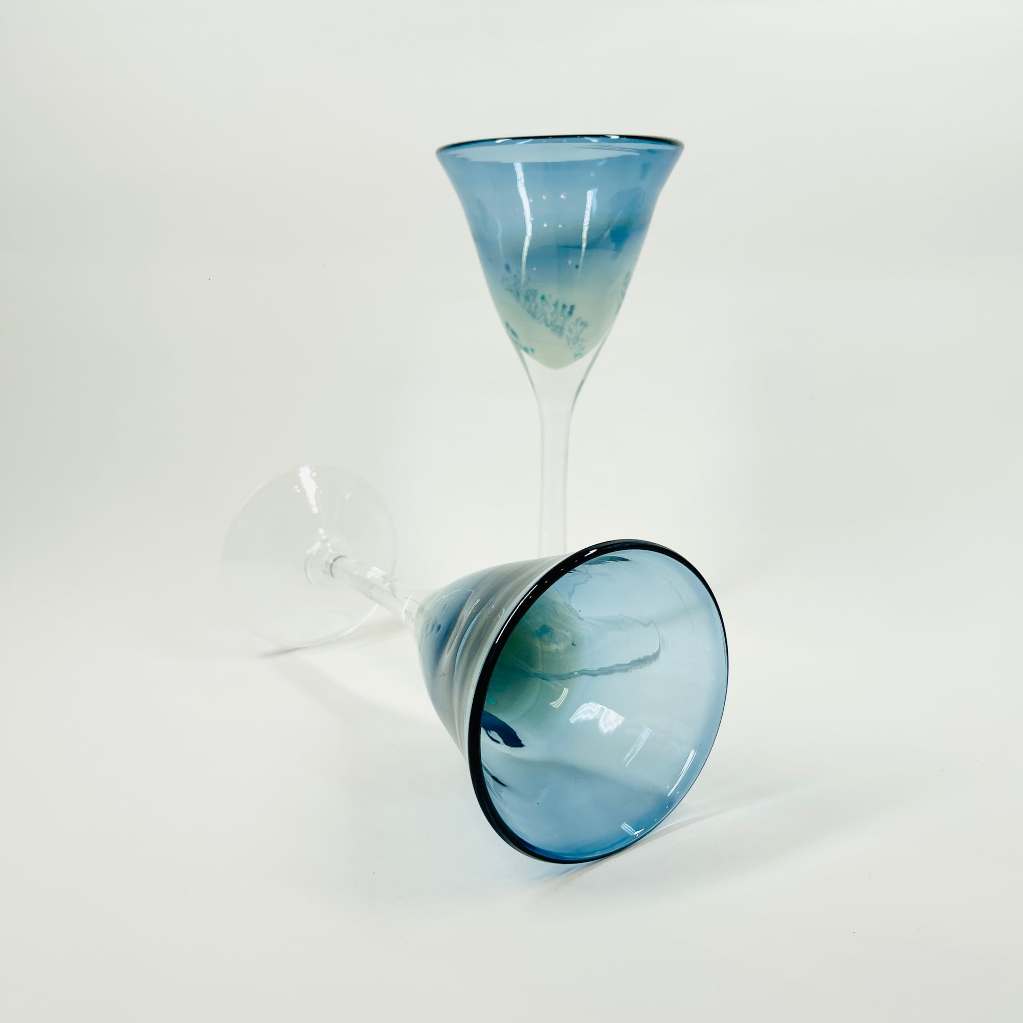 1980s MOUTH BLOWN MURANO BLUE SPATTER GLASSES