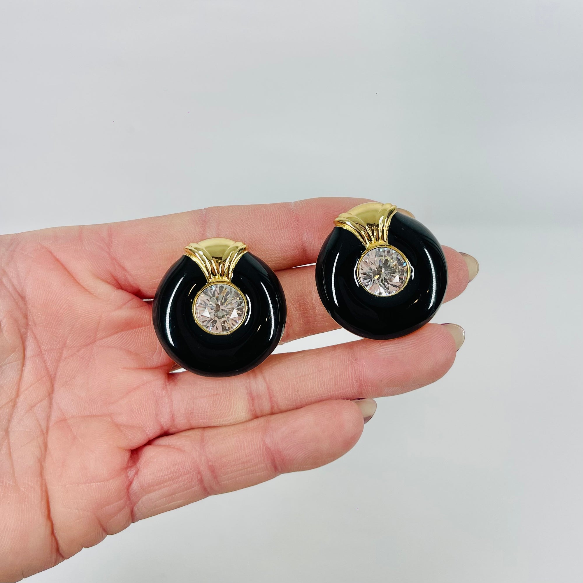 1980s CHRISTIAN DIOR BLACK ENAMEL DIAMANTÉ CLIP ON BUTTON EARRINGS