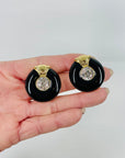 1980s CHRISTIAN DIOR BLACK ENAMEL DIAMANTÉ CLIP ON BUTTON EARRINGS