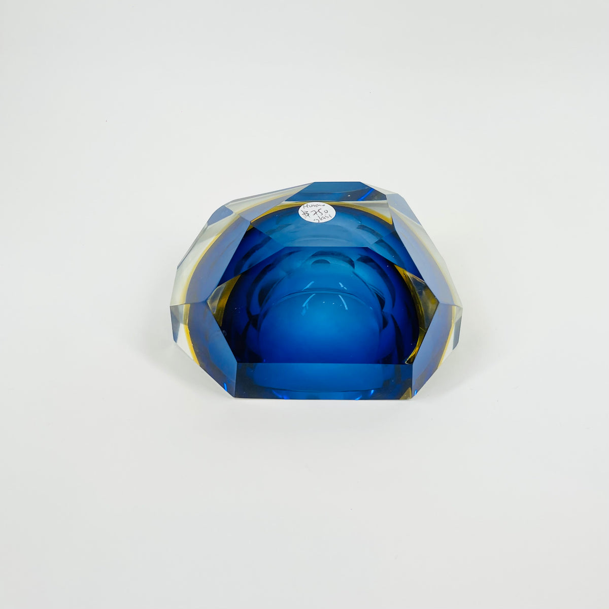 1950s MURANO MANDRUZZATO COBALT BLUE YELLOW SOMMERSO DIAMOND FACETED RECTANGULAR GLASS BOWL