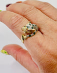 1950s 14K YELLOW GOLD DIAMOND EMERALD LEOPARD RING WITH RUBY EYES