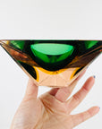1950s MURANO MANDRUZZATO GREEN SALMON GLASS SOMMERSO FACETED TRIANGULAR GLASS BOWL