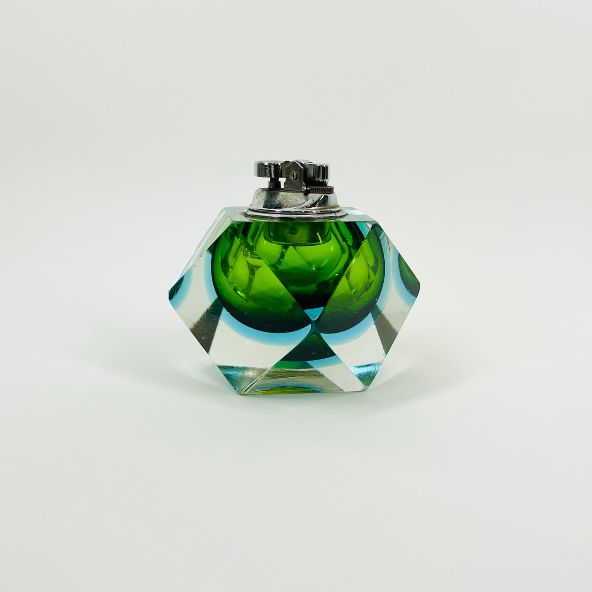 1940s GREEN BLUE MURANO SOMMERSO FACETED GLASS LIGHTER BOX