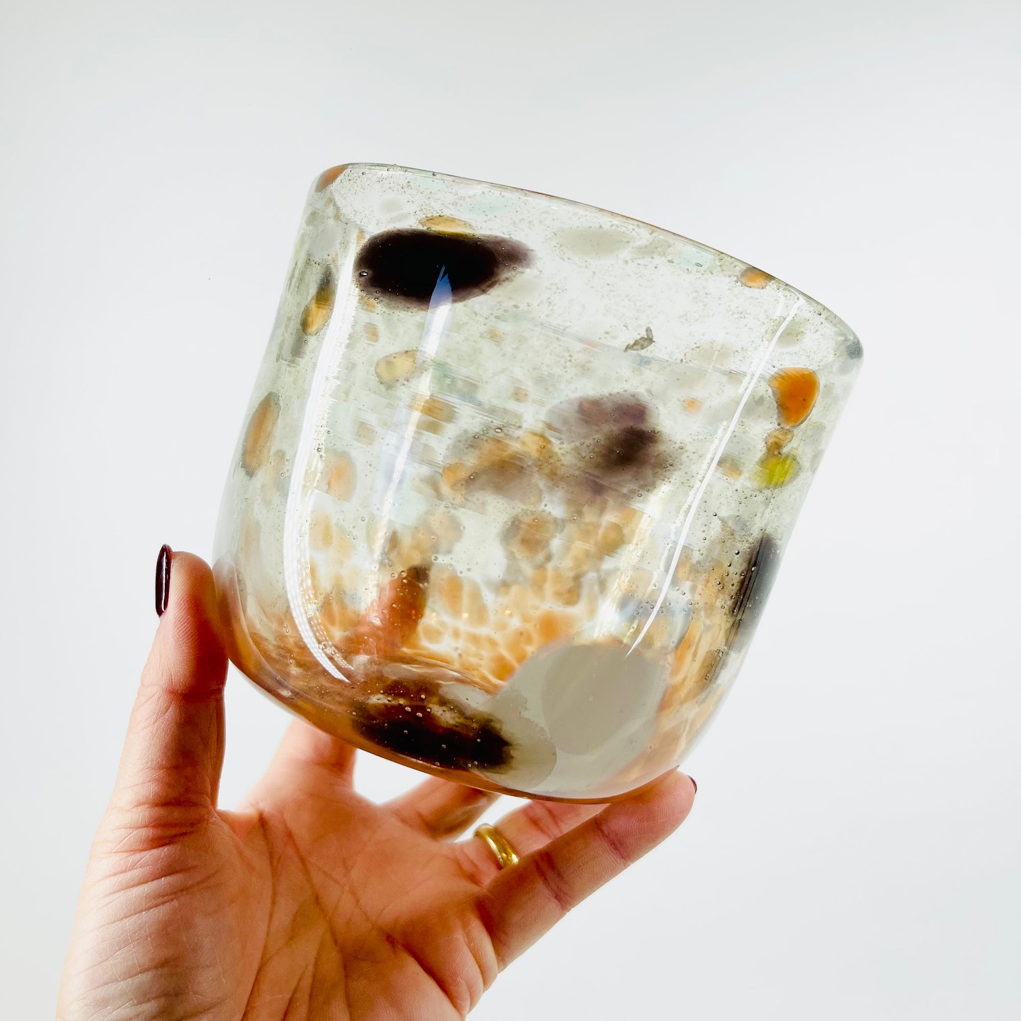 1980s AUSTRALIAN MOUTH BLOWN ORANGE BLACK WHITE SPATTER ART GLASS MINI BOWL/VASE