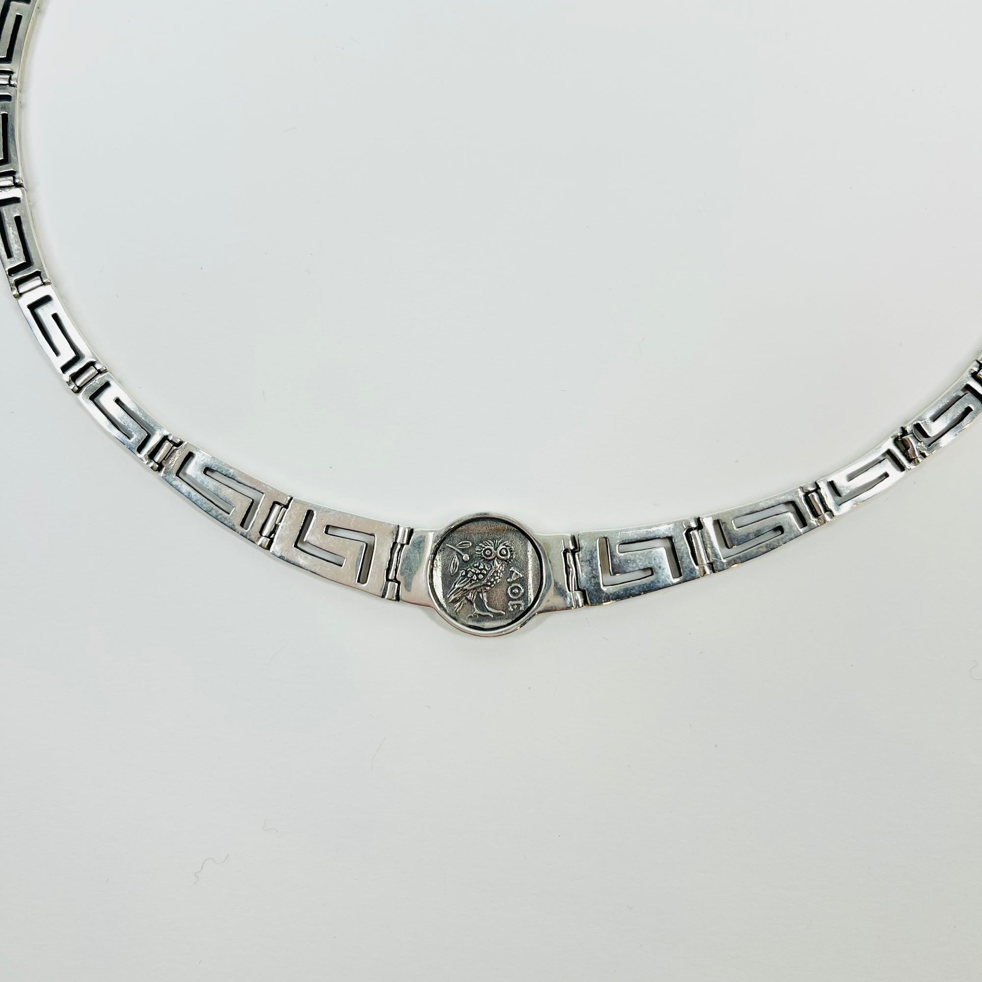 ANTIQUE STERLING SILVER GREEK KEYS ROMAN COIN NECKLACE