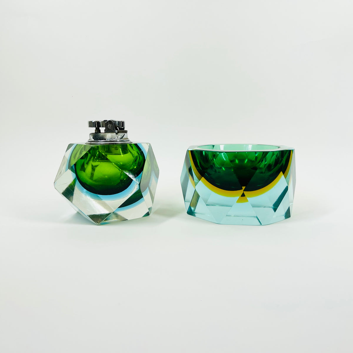 1940s GREEN BLUE GOLD AMBER MURANO MANDRUZZATO SOMMERSO DIAMOND FACETED GLASS BOWL/ASHTRAY