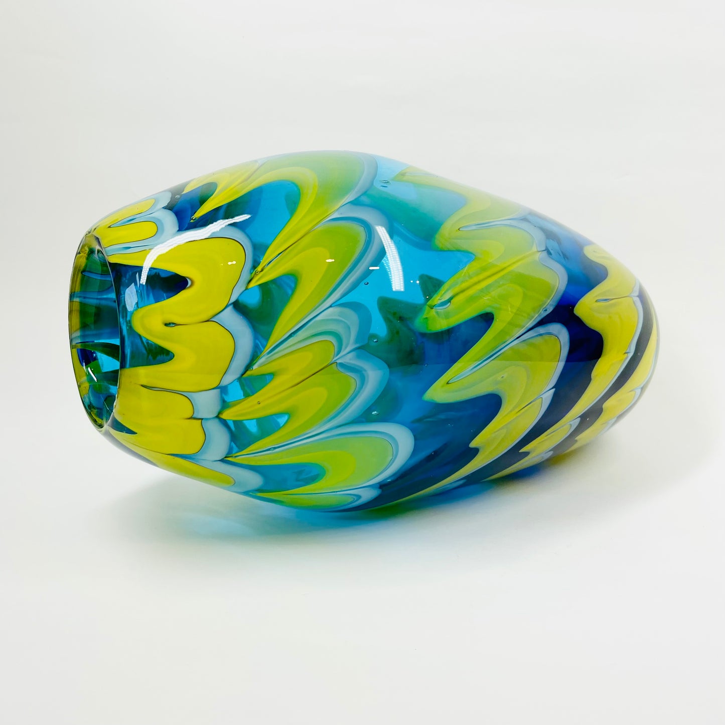 1980s MURANO BLUE YELLOW SWIRLS GLASS VASE