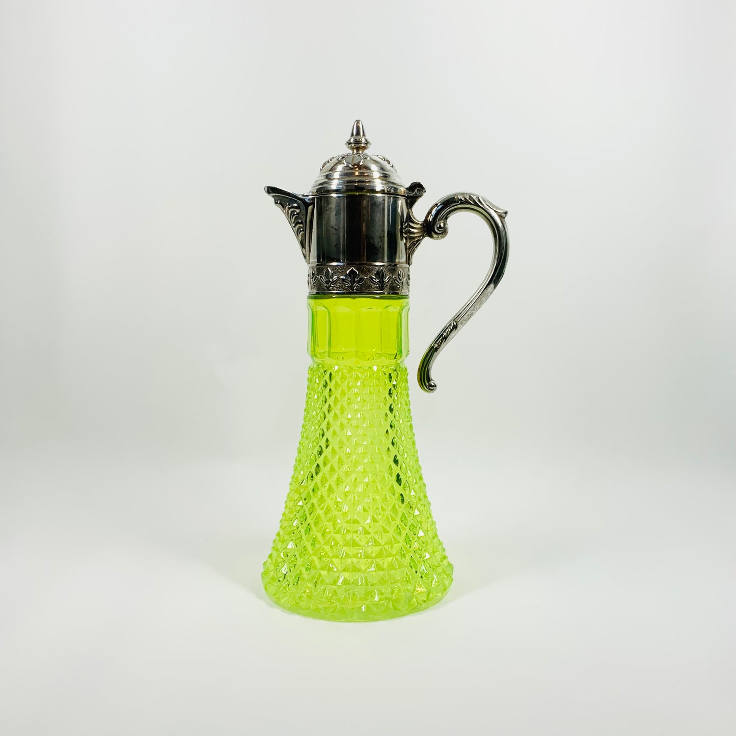 ANTIQUE URANIUM GLASS CLARET JUG WITH SILVER FITTINGS