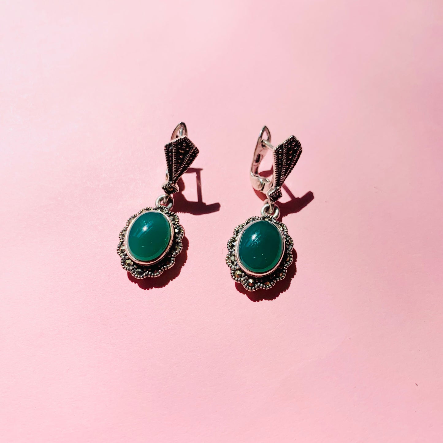 ART DECO MARCASITE JADE EARRINGS