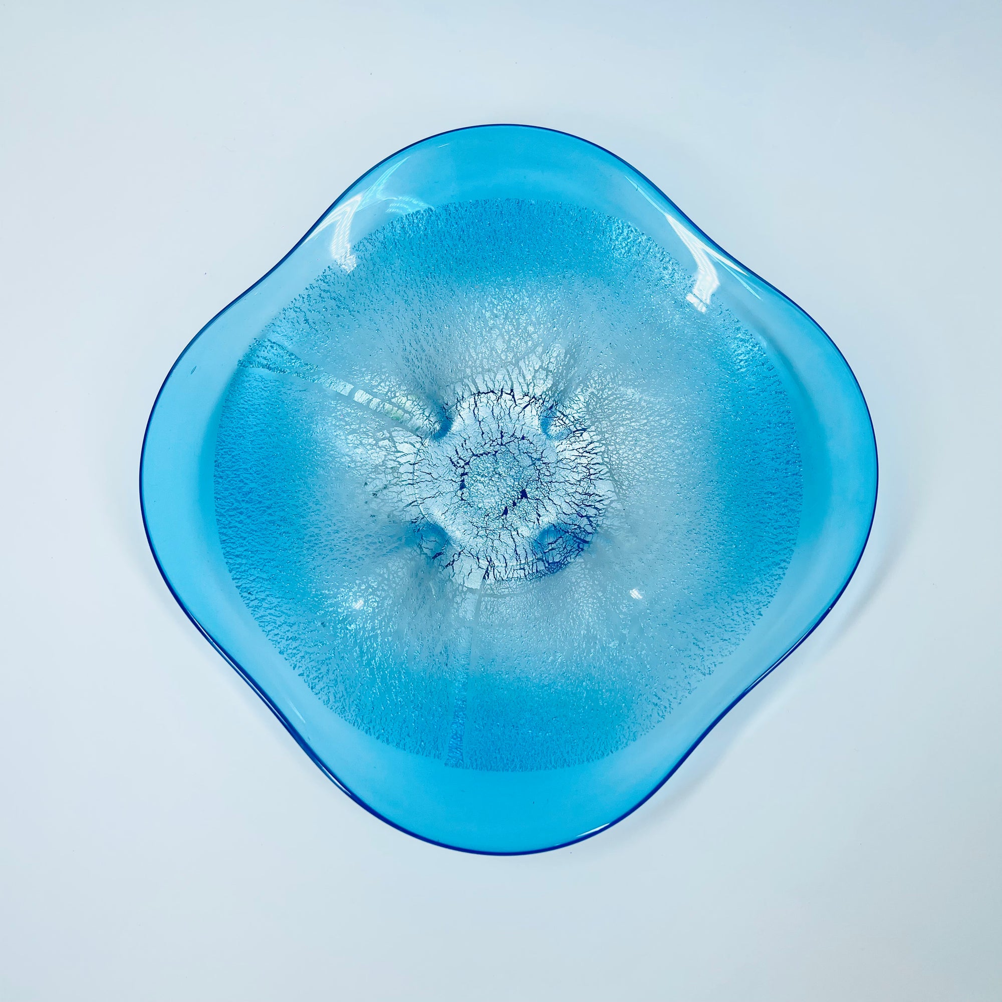 1980s HAND MADE JAPANESE TURQUOISE BLUE GLASS PLATE WITH SILVER &amp; GOLD AVENTURINE