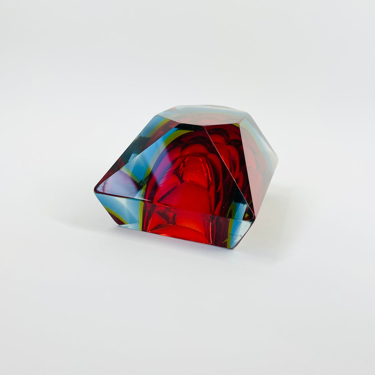 1950s MURANO RUBY BLUE YELLOW SOMMERSO FACETED RECTANGULAR GLASS BOWL