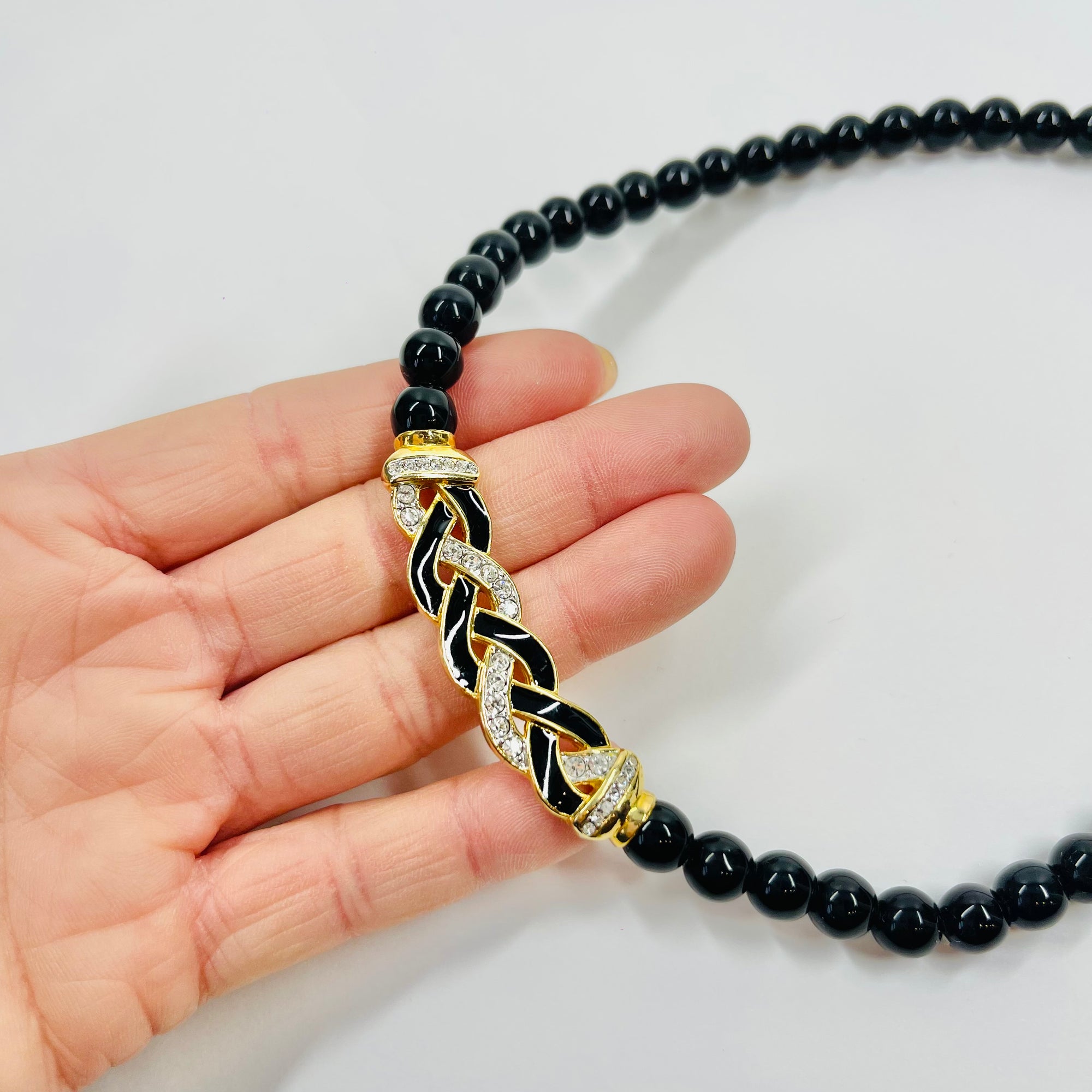 1950s GROSSE GERMANY COSTUME BRAIDED BLACK BEADED NECKLACE WITH ENAMEL PENDANT