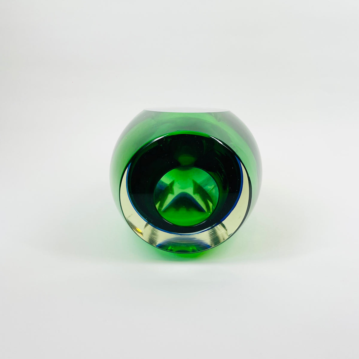 1960s GREEN BLUE HARLEQUIN MURANO SOMMERSO FACETED GLASS BLOCK VASE
