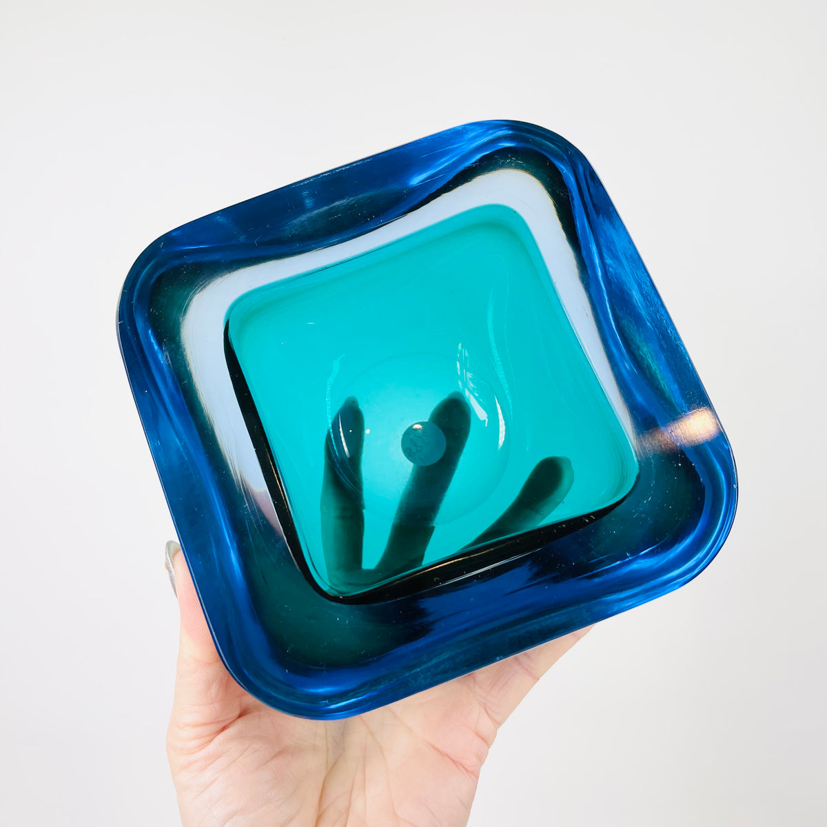 1960s BLUE AQUAMARINE SOMMERSO SQUARE GLASS BOWL/ASHTRAY