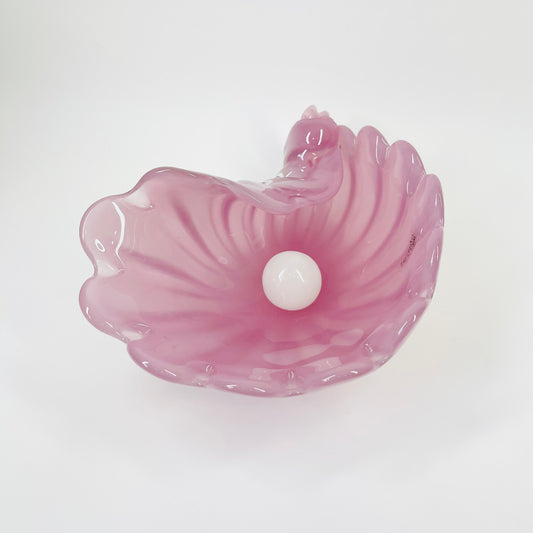 1950s PINK MURANO OPALINE GLASS SHELL BOWL WITH PEARL