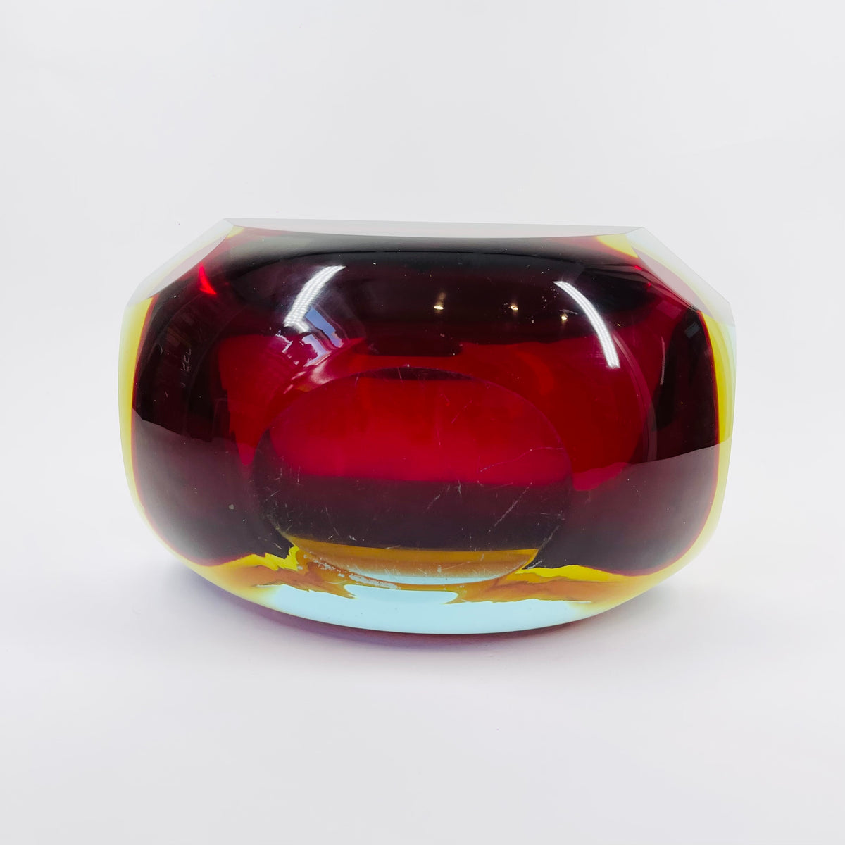 XXL 1950s RED BLUE AMBER MURANO MANDRUZZATO SOMMERSO FACETED GLASS BOWL