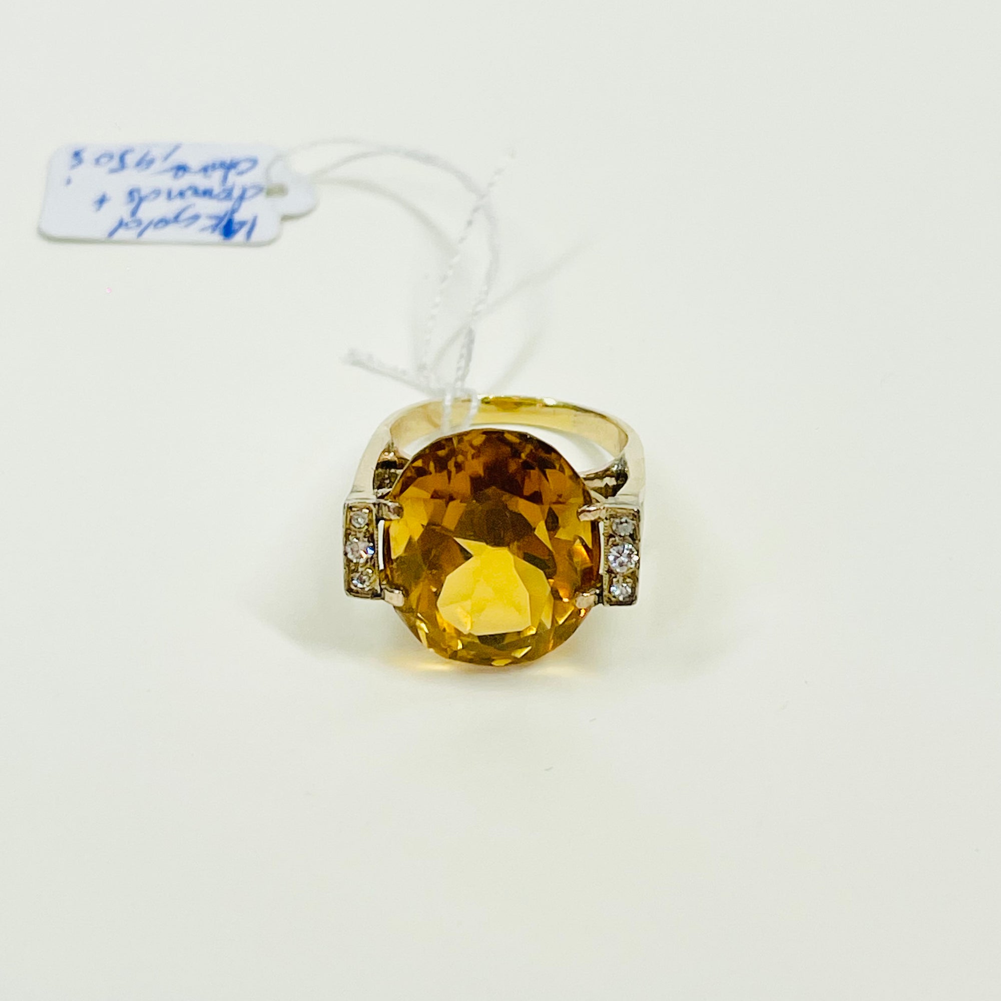 1950s 14K YELLOW GOLD STATEMENT CITRINE COCKTAIL RING WITH DIAMONDS