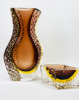 XL 1960s BROWN PURPLE AMBER TEXTURED MURANO SOMMERSO FACETED GLASS BLOCK VASE