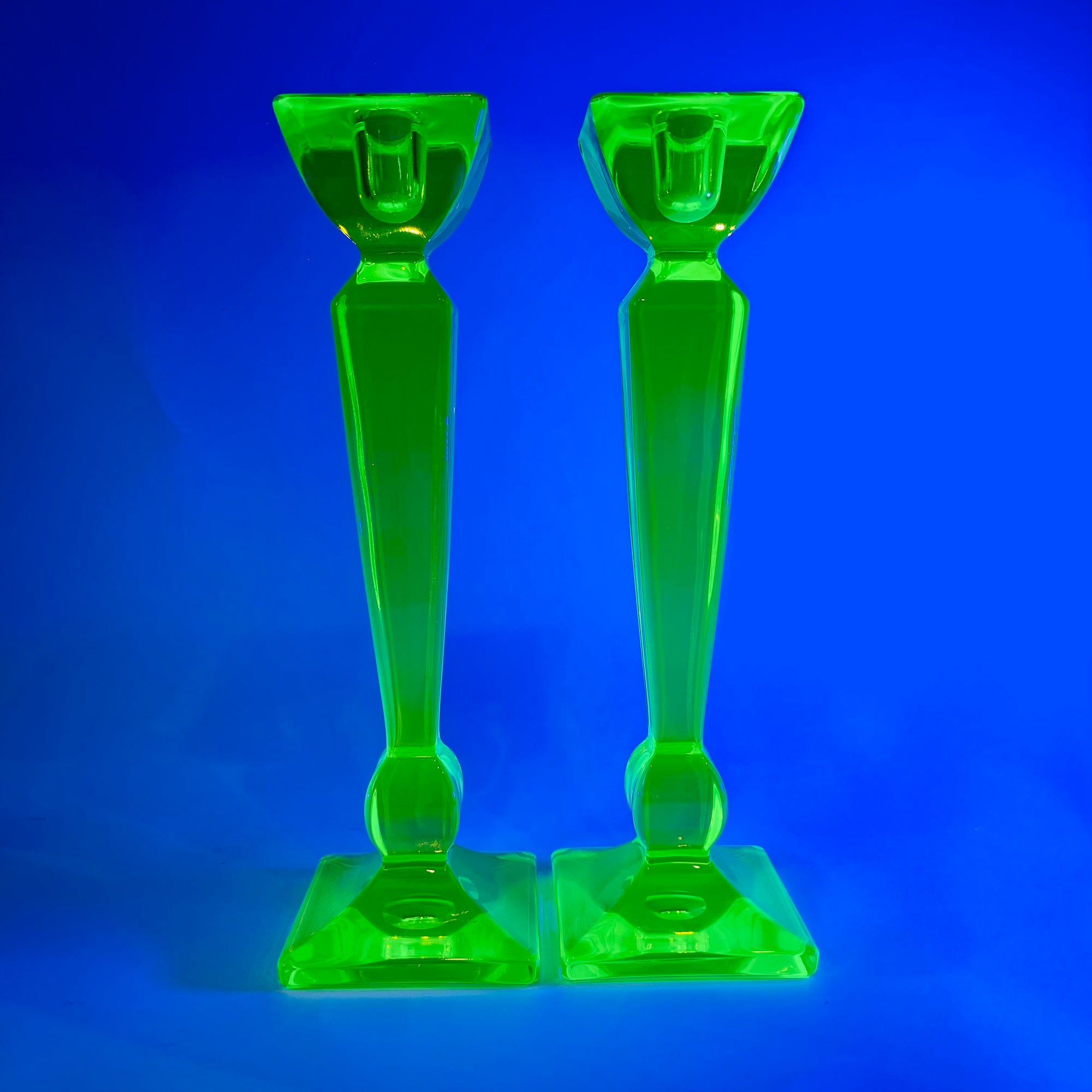 ART DECO URANIUM GLASS CANDLE STICKS