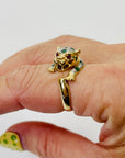 1950s 14K YELLOW GOLD DIAMOND EMERALD LEOPARD RING WITH RUBY EYES