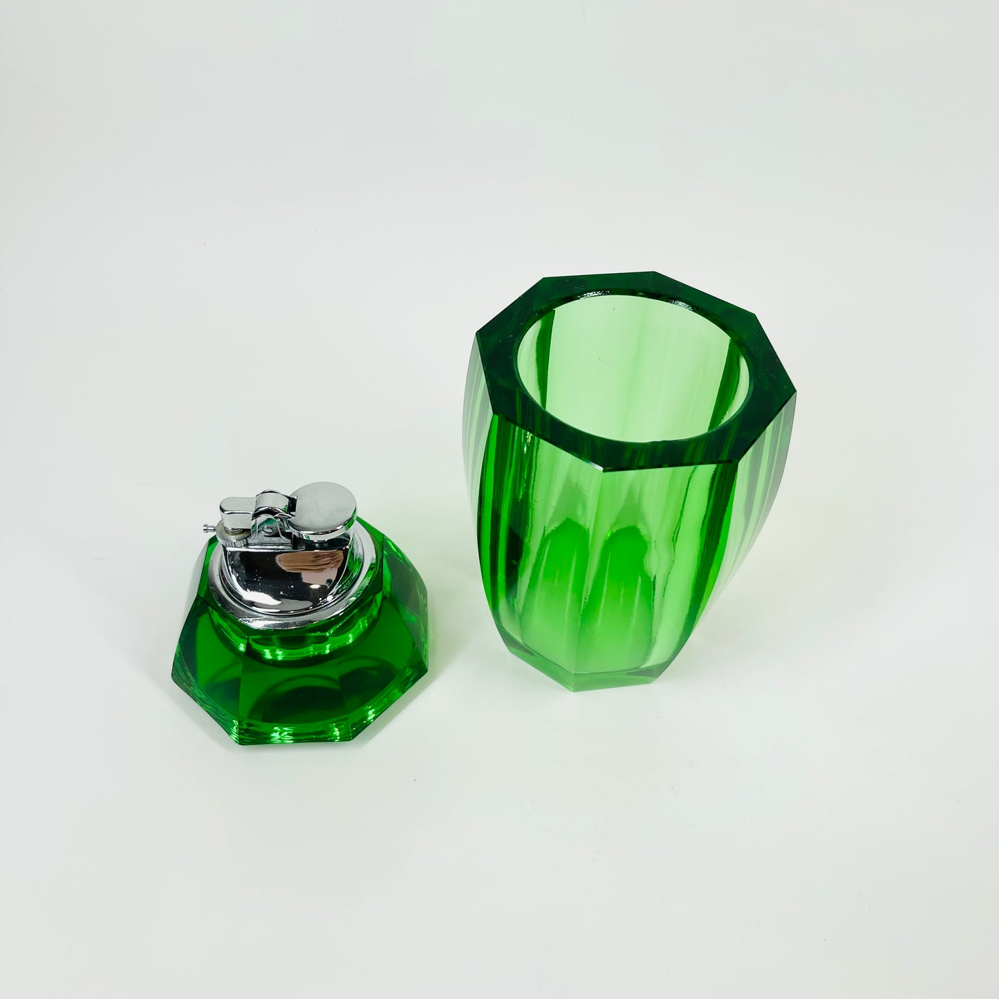 1950s FACETED GREEN GLASS LIGHTER BOX