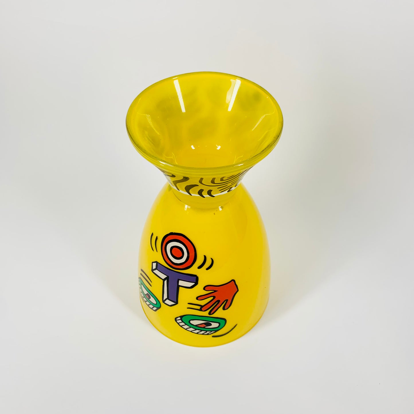 1980s MEMPHIS MILANO HAND PAINTED YELLOW GLASS VASE BY NATHALIE DU PASQUIER