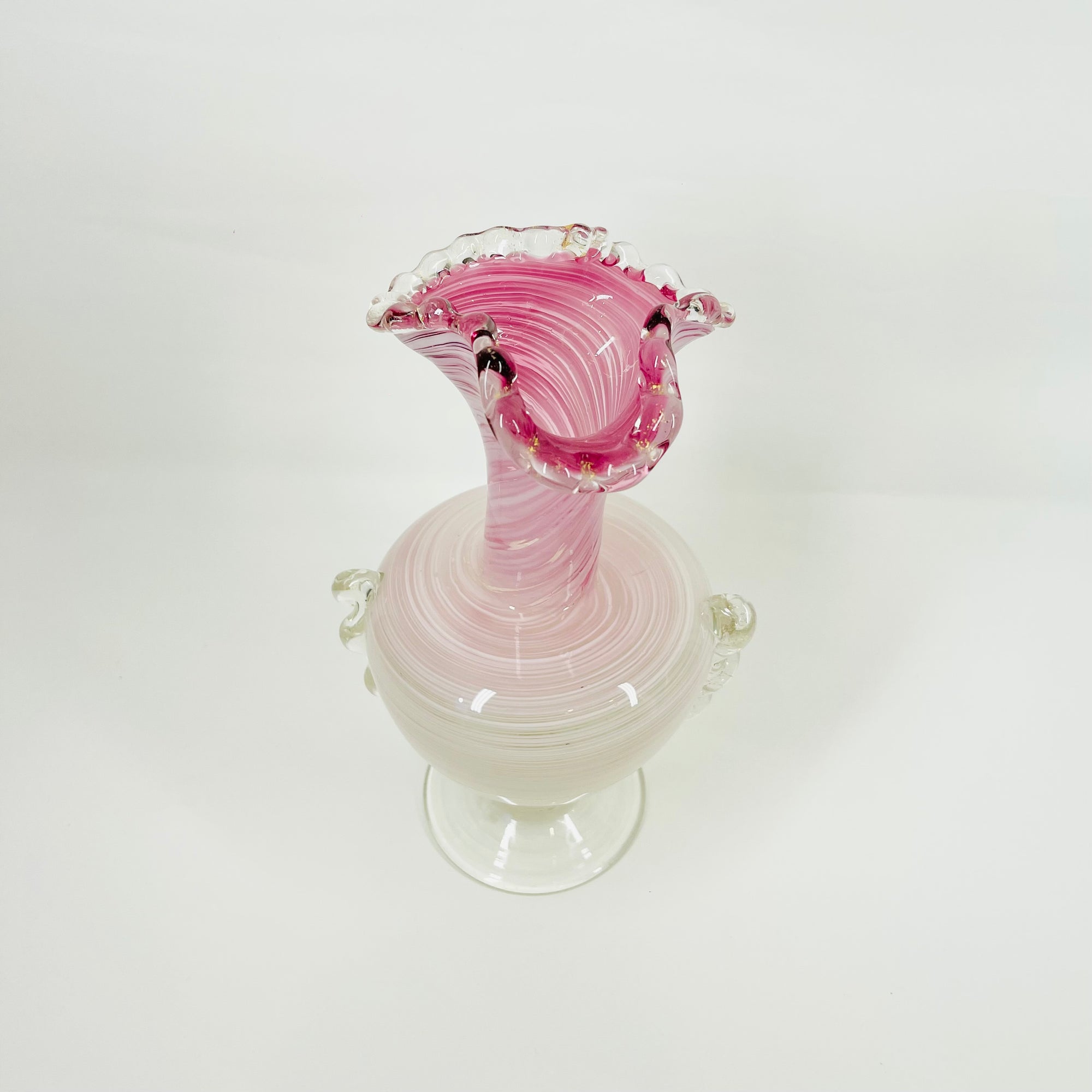 ANTIQUE MURANO PINK WHITE LATTICINO SOMMESO GLASS FOOTED RUFFLE RIM VASE