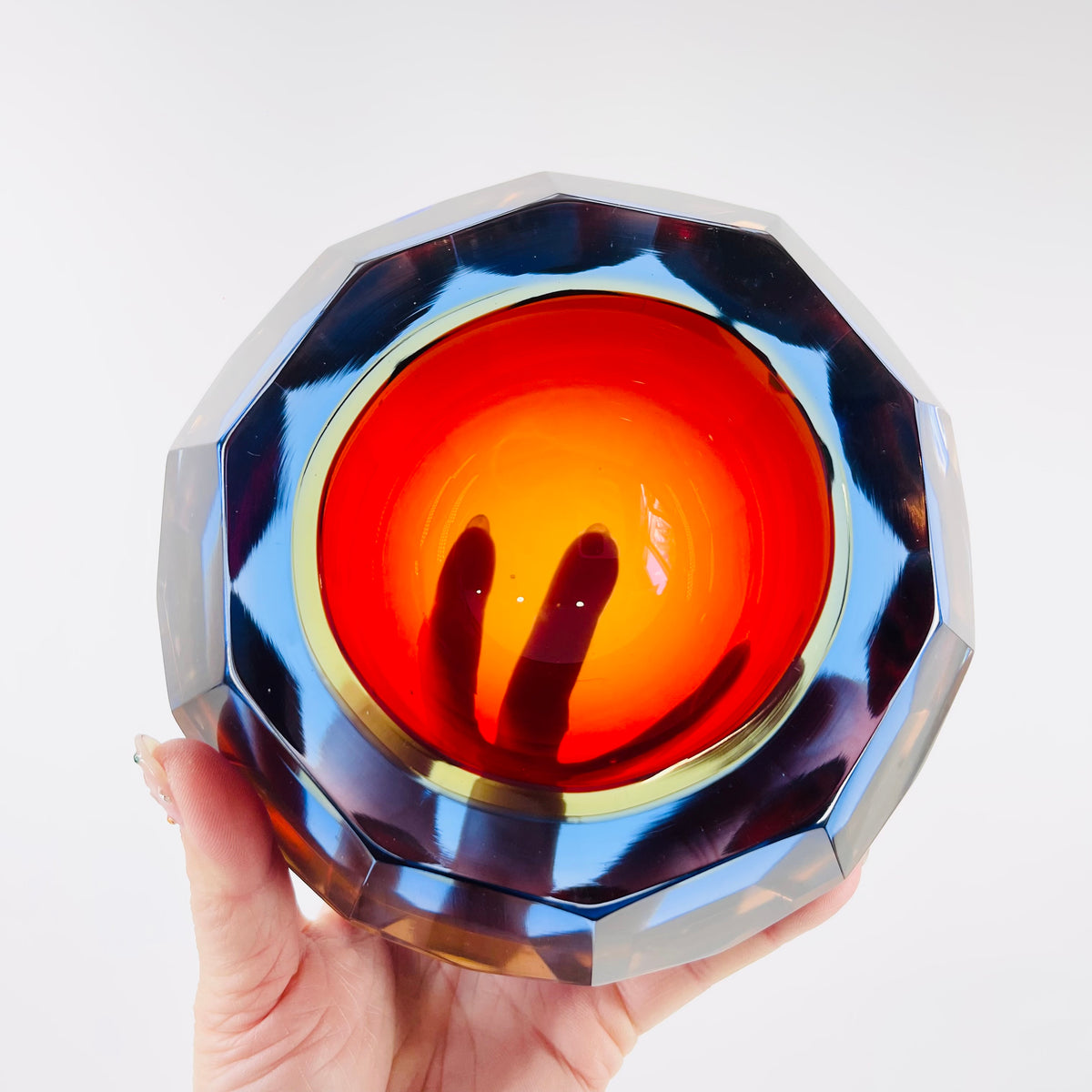 1950s MURANO MANDRUZZATO HARLEQUIN SOMMERSO DIAMOND FACETED GLASS BOWL