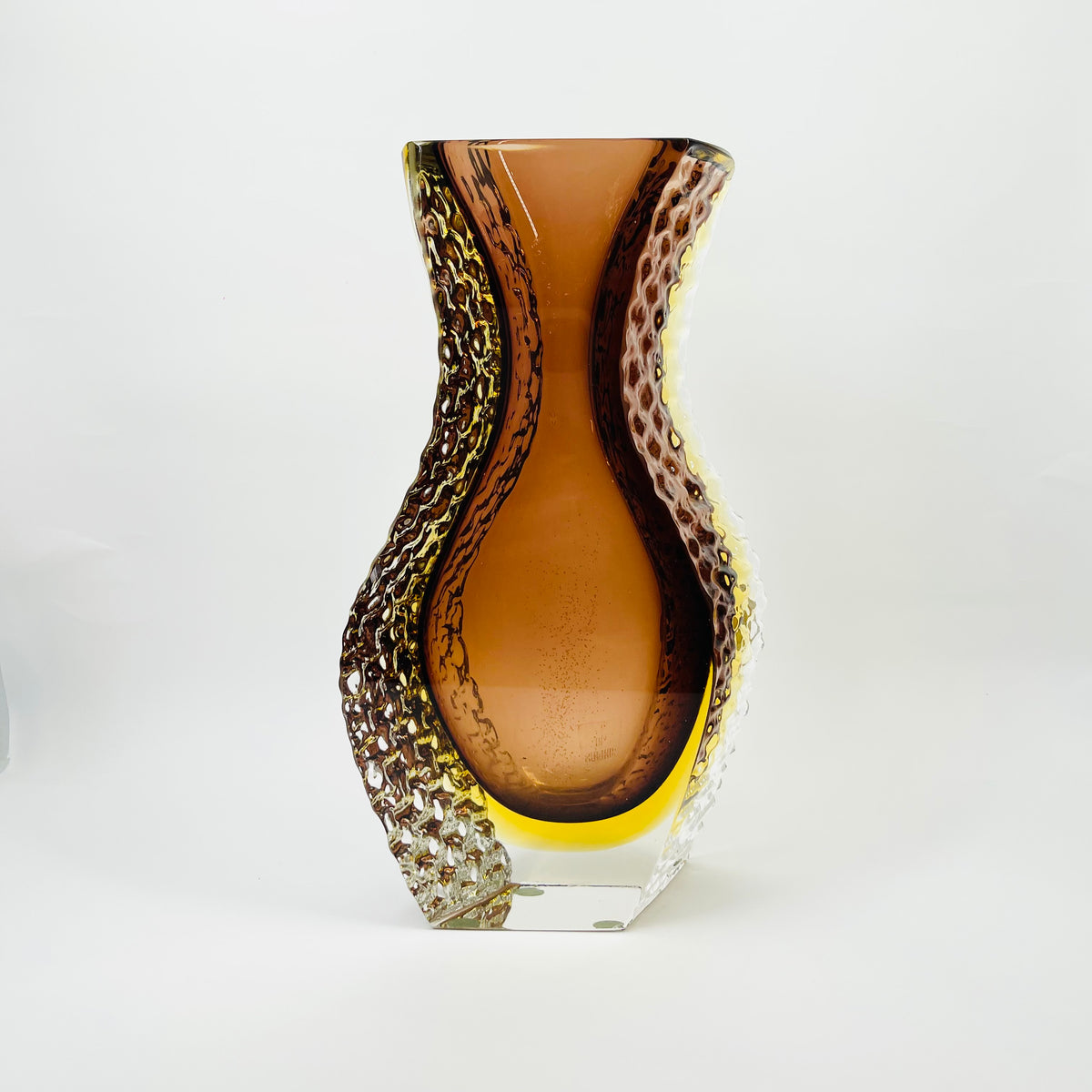 XL 1960s BROWN PURPLE AMBER TEXTURED MURANO SOMMERSO FACETED GLASS BLOCK VASE