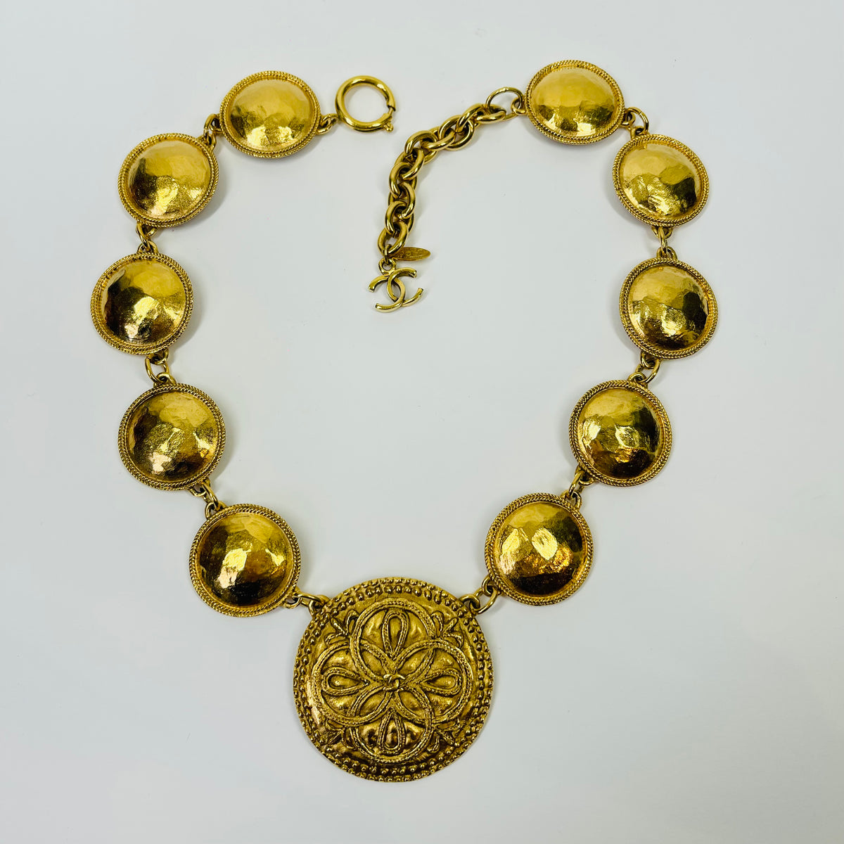 1980s CHANEL ESTRUCAN STYLE LOGO MEDALLION NECKLACE