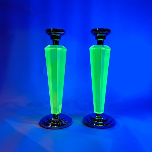 ART DECO SILVER URANIUM GLASS CANDLE STICKS