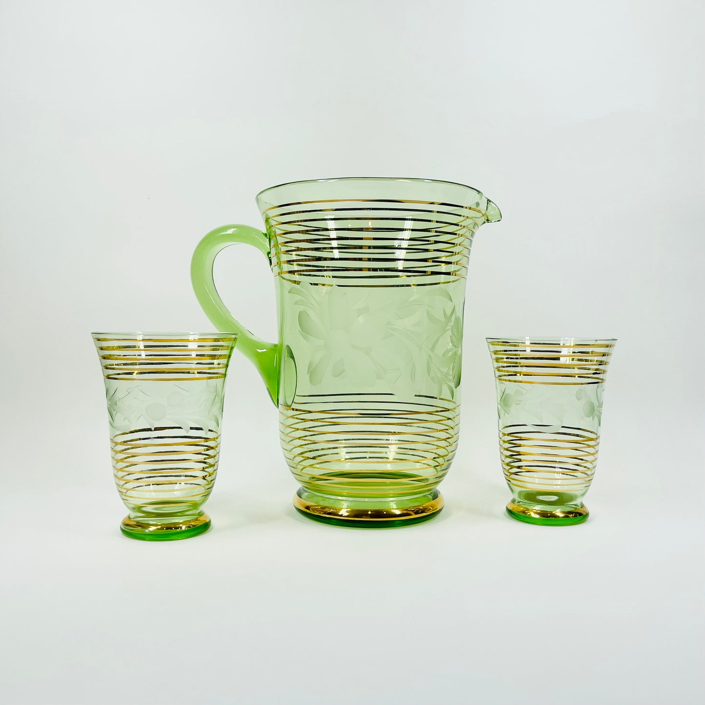 1950s GREEN GOLD GILDED GLASS JUG SET