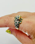 1950s 14K YELLOW GOLD DIAMOND EMERALD LEOPARD RING WITH RUBY EYES