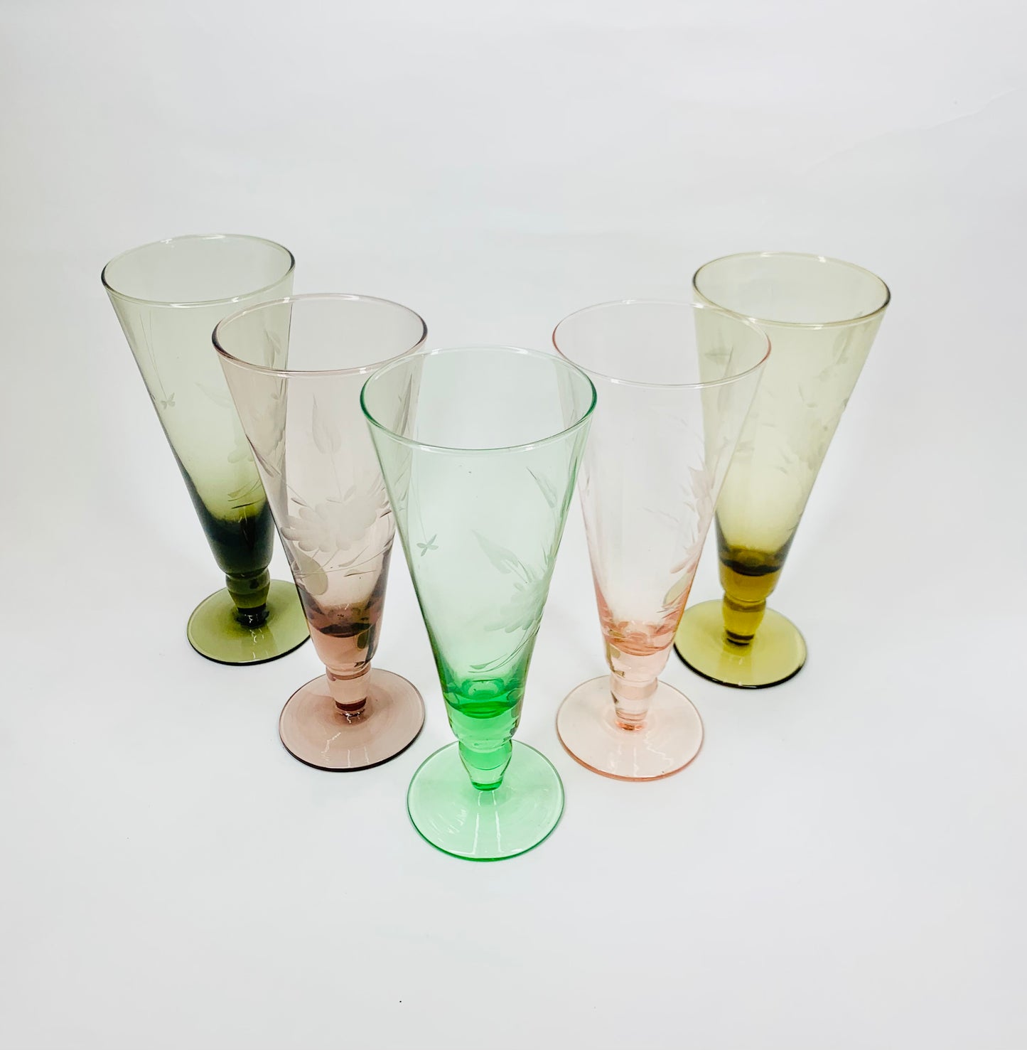 50s HARLEQUIN ETCHED CHAMPAGNE FLUTES