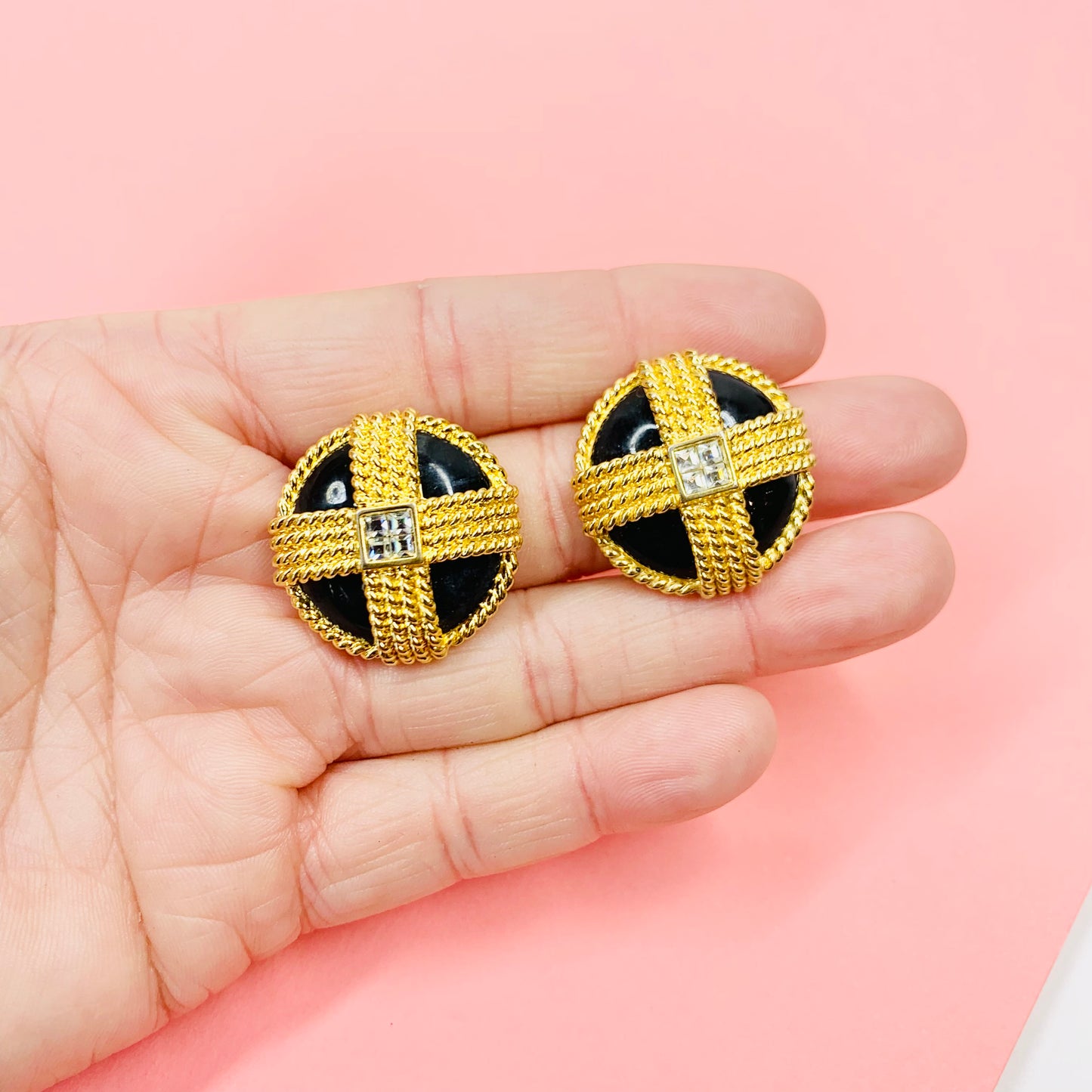 BLACK FILIGREE ENAMEL BUTTON EARRINGS