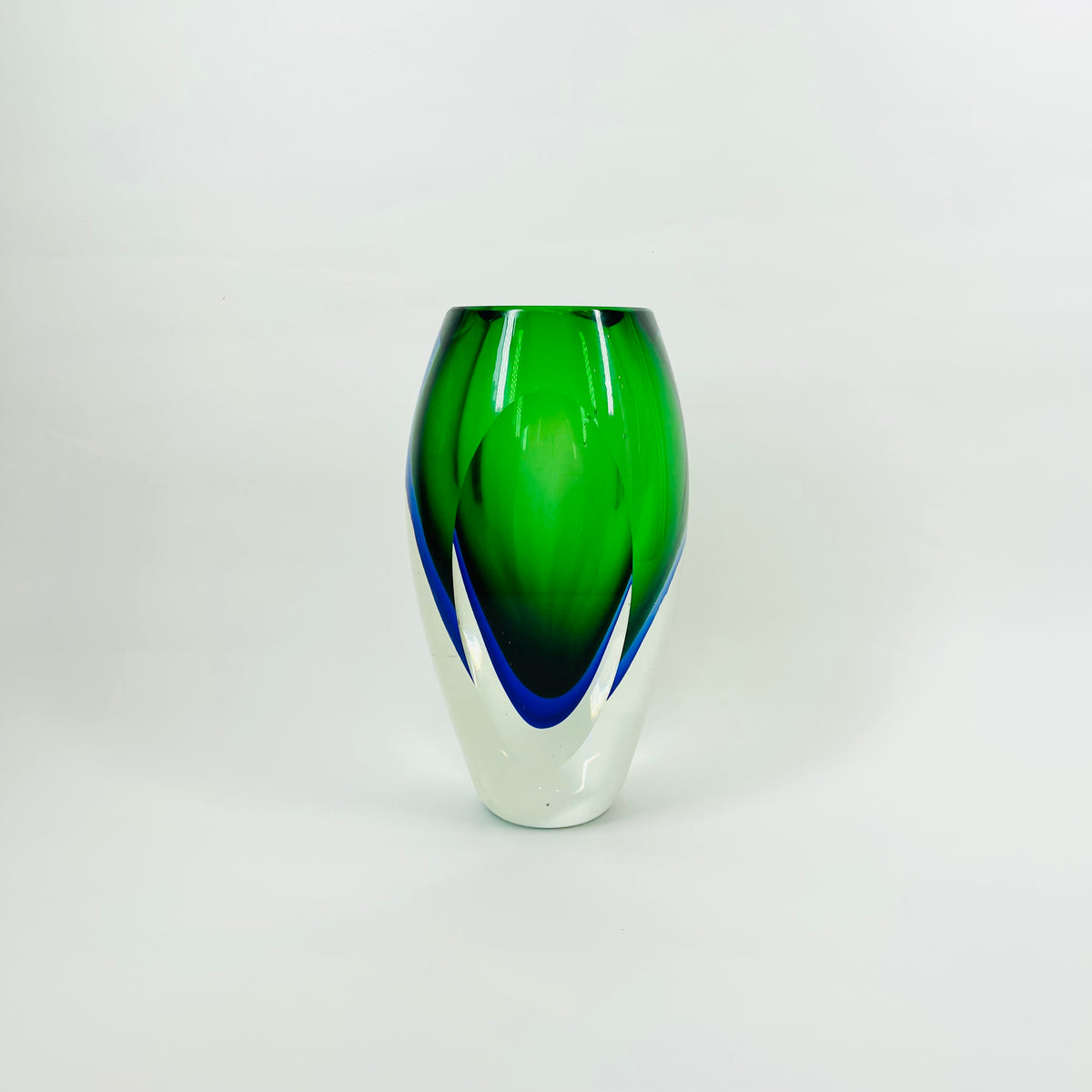 1960s GREEN BLUE HARLEQUIN MURANO SOMMERSO FACETED GLASS BLOCK VASE