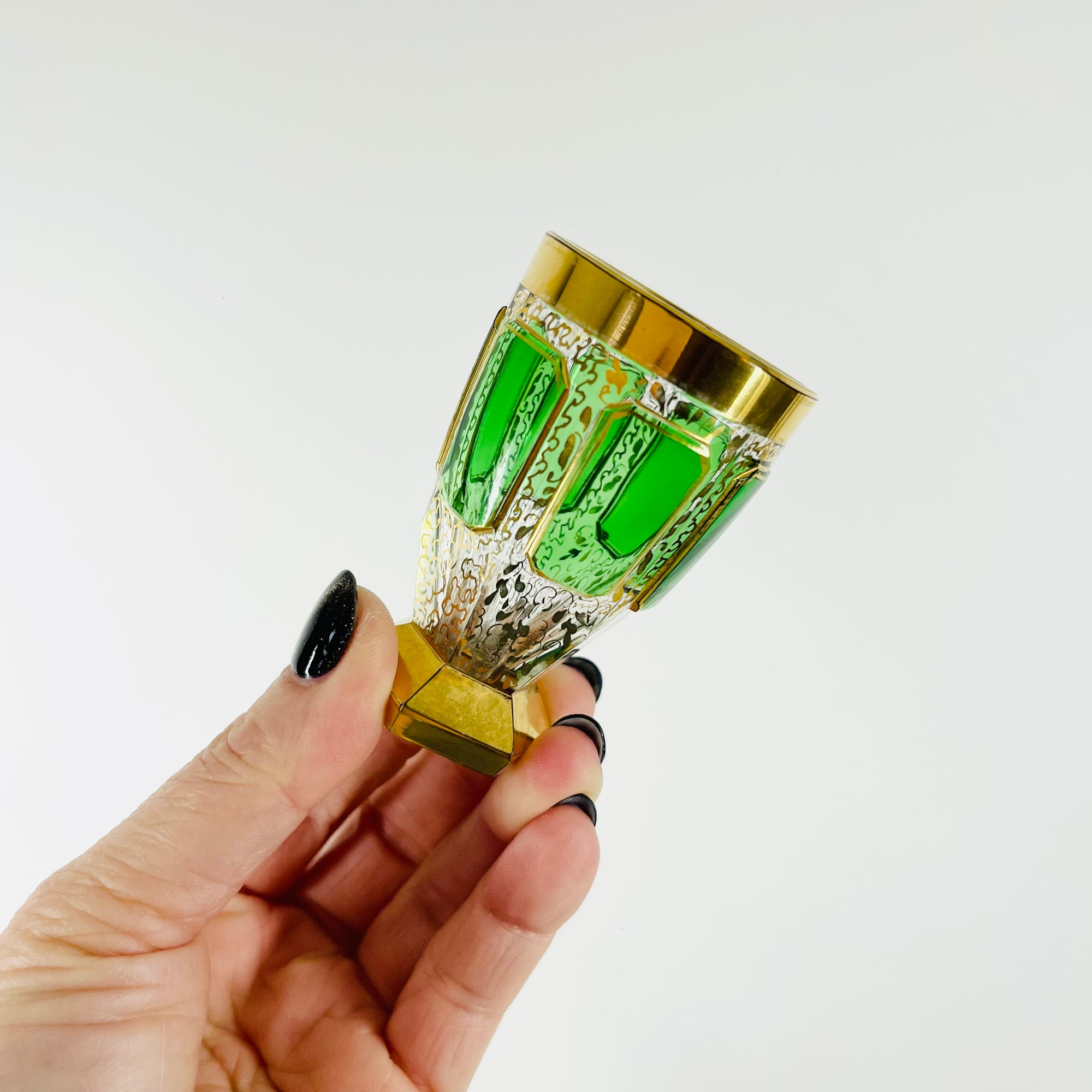 ANTIQUE ART DECO HAND CUT GOLD GILDED GREEN CRYSTAL DECANTER SET