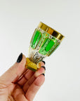 ANTIQUE ART DECO HAND CUT GOLD GILDED GREEN CRYSTAL DECANTER SET