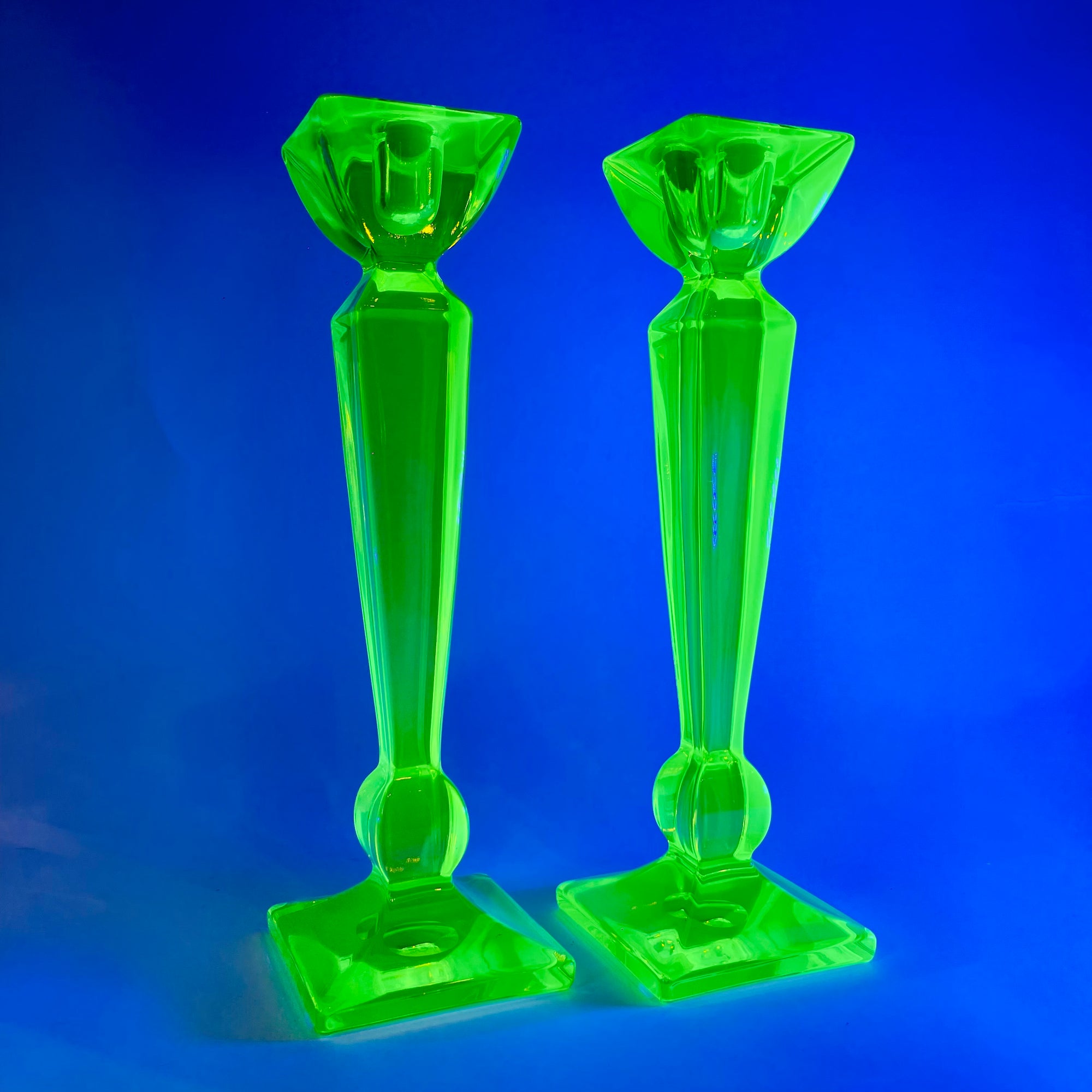 ART DECO URANIUM GLASS CANDLE STICKS
