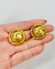 1996 CHANEL CC GOLD LOGO TWIST ROPE PEARL BUTTON CLIP ON EARRINGS